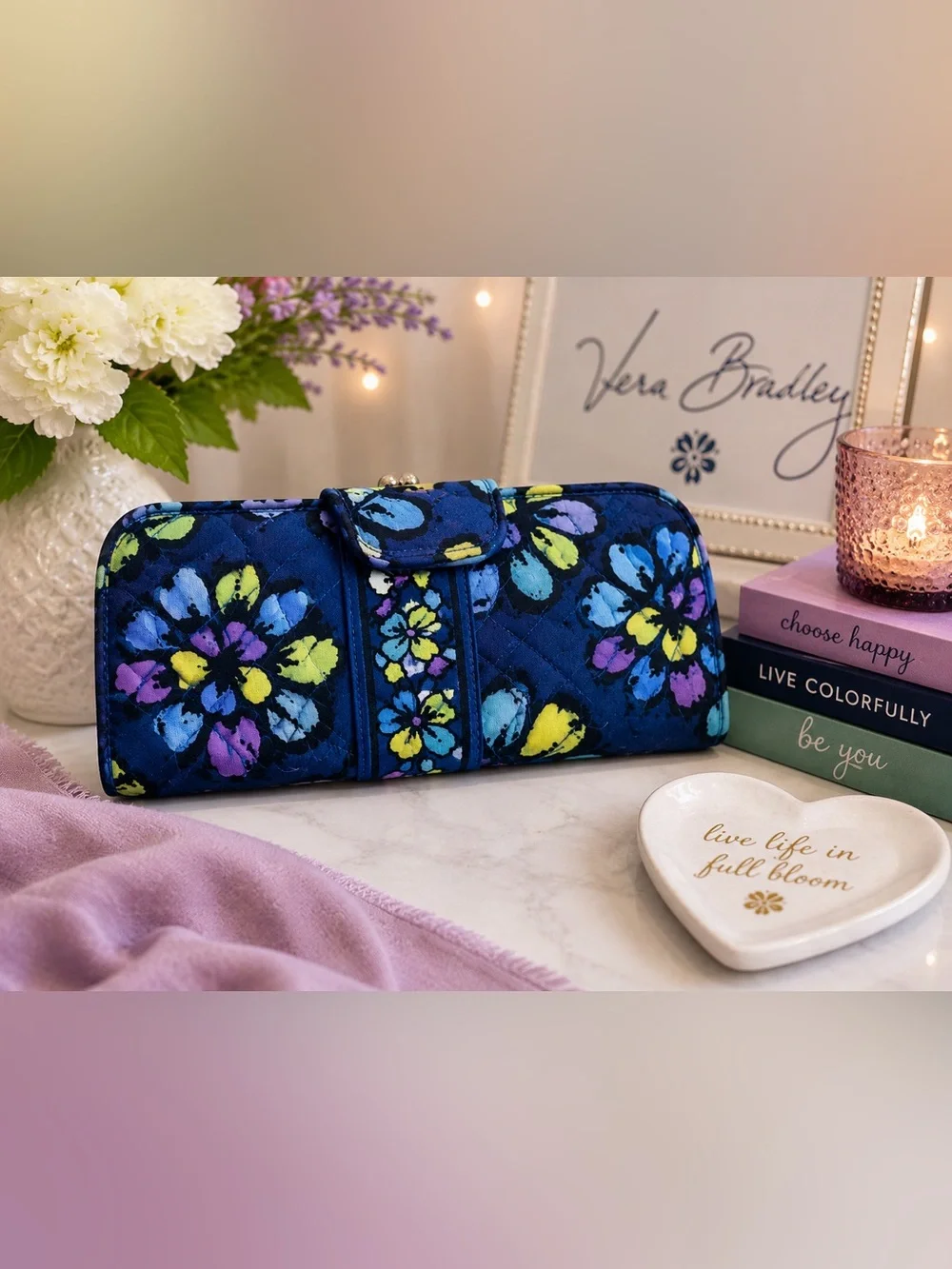 Vera Bradley Navy Floral Quilted Clutch Wallet